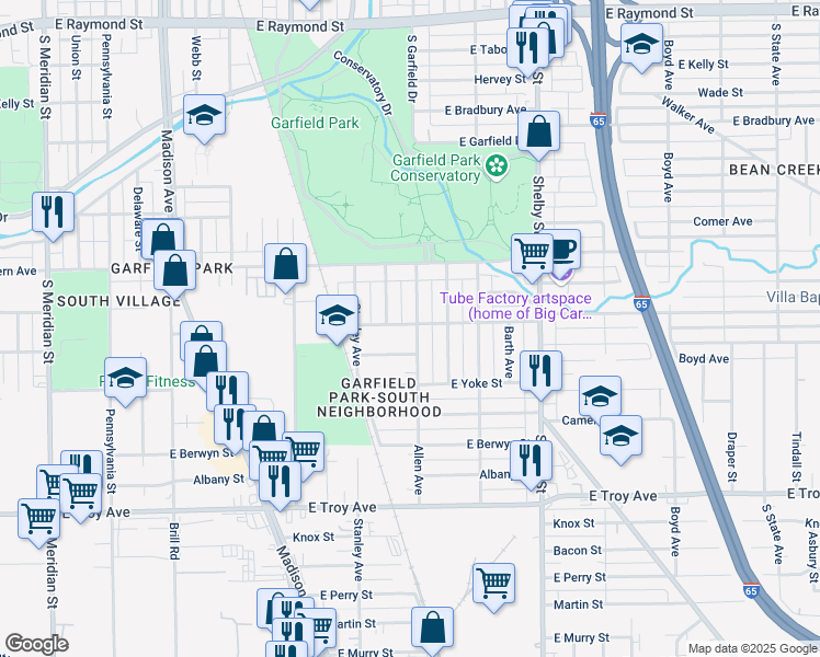 map of restaurants, bars, coffee shops, grocery stores, and more near 2702 Allen Avenue in Indianapolis