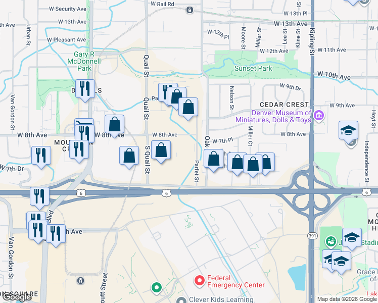 map of restaurants, bars, coffee shops, grocery stores, and more near 755 Parfet Street in Lakewood