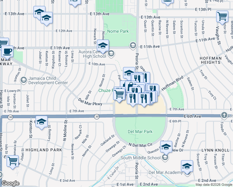 map of restaurants, bars, coffee shops, grocery stores, and more near 102 Del Mar Circle in Aurora