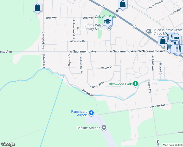 map of restaurants, bars, coffee shops, grocery stores, and more near 757 Westmont Court in Chico