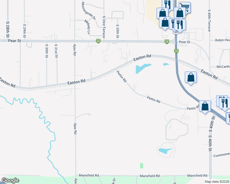 map of restaurants, bars, coffee shops, grocery stores, and more near 3412 Pettis Road in Saint Joseph