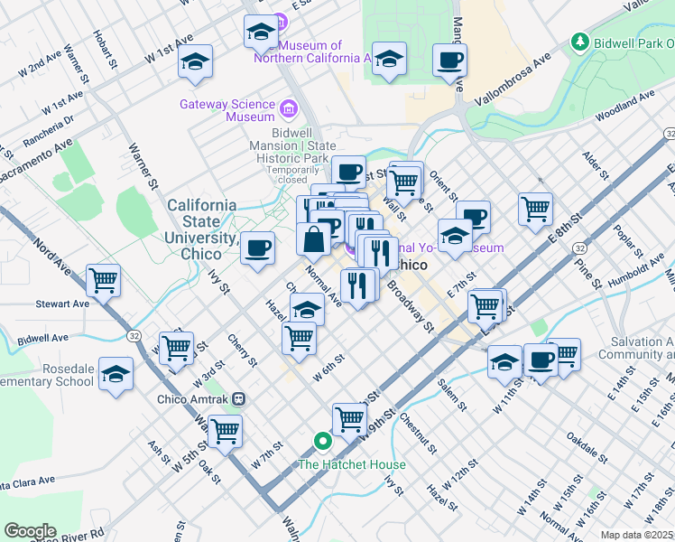 map of restaurants, bars, coffee shops, grocery stores, and more near in Chico