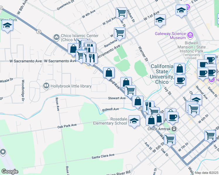 map of restaurants, bars, coffee shops, grocery stores, and more near 557 Nord Avenue in Chico