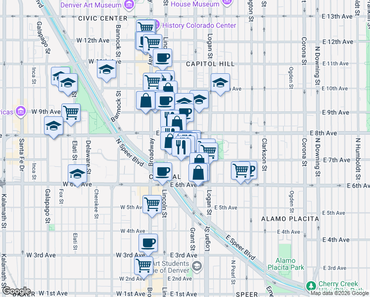 map of restaurants, bars, coffee shops, grocery stores, and more near 740 Sherman Street in Denver