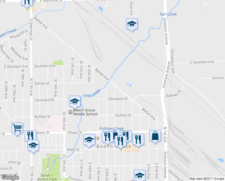 map of restaurants, bars, coffee shops, grocery stores, and more near 328 North 7th Avenue in Beech Grove
