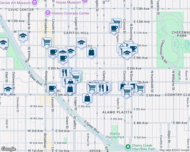 map of restaurants, bars, coffee shops, grocery stores, and more near 707 North Washington Street in Denver