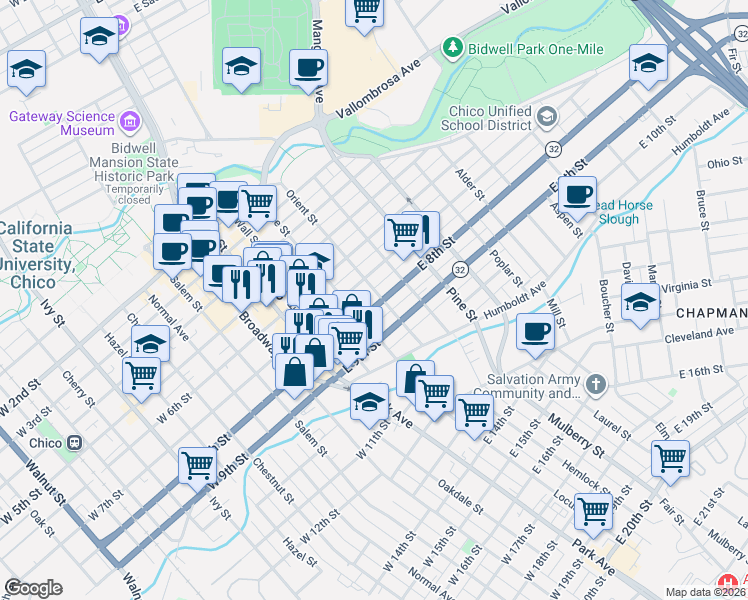 map of restaurants, bars, coffee shops, grocery stores, and more near 740 Orient Street in Chico
