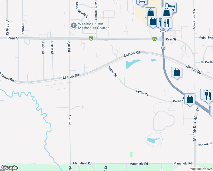 map of restaurants, bars, coffee shops, grocery stores, and more near 3412 Pettis Road in Saint Joseph