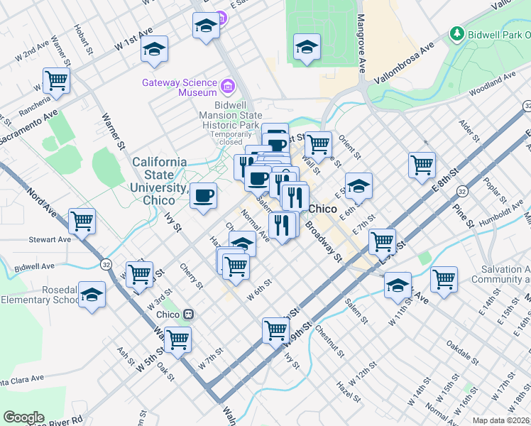 map of restaurants, bars, coffee shops, grocery stores, and more near 300 Salem Street in Chico