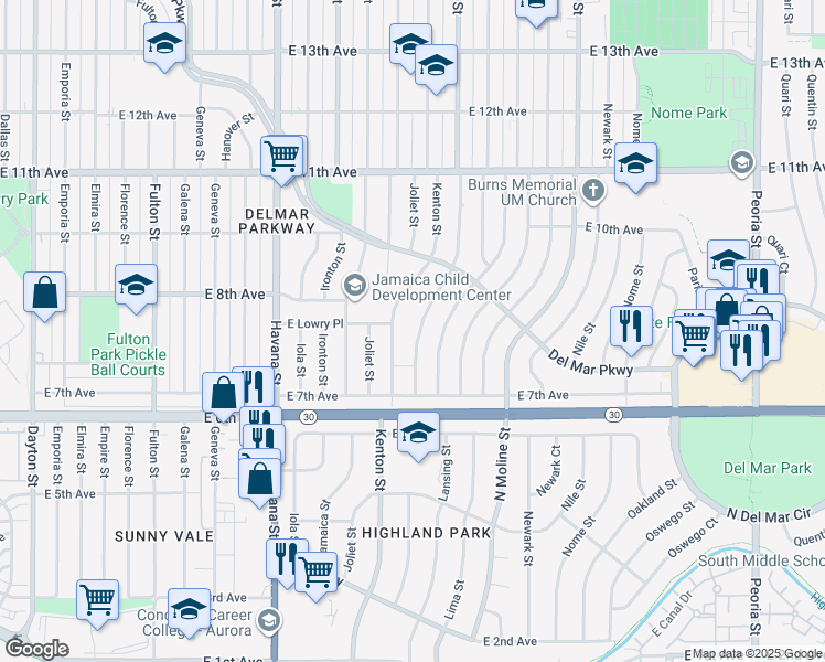 map of restaurants, bars, coffee shops, grocery stores, and more near 761 Kingston Street in Aurora