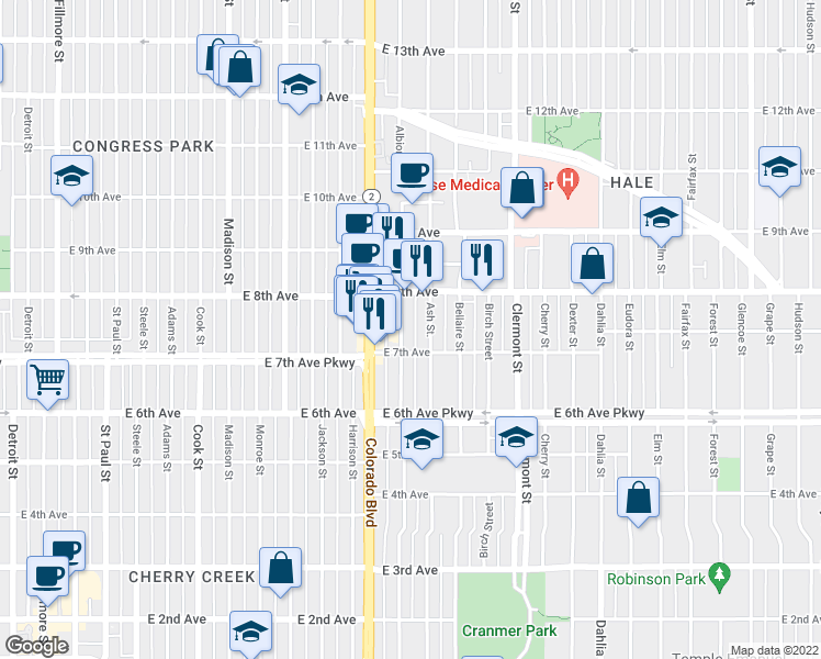 map of restaurants, bars, coffee shops, grocery stores, and more near 701 Ash Street in Denver