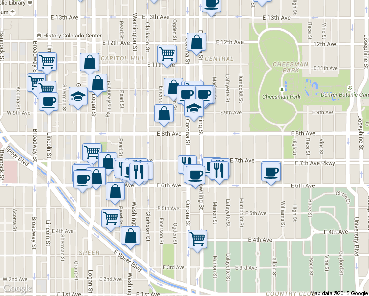 map of restaurants, bars, coffee shops, grocery stores, and more near 707 Corona Street in Denver