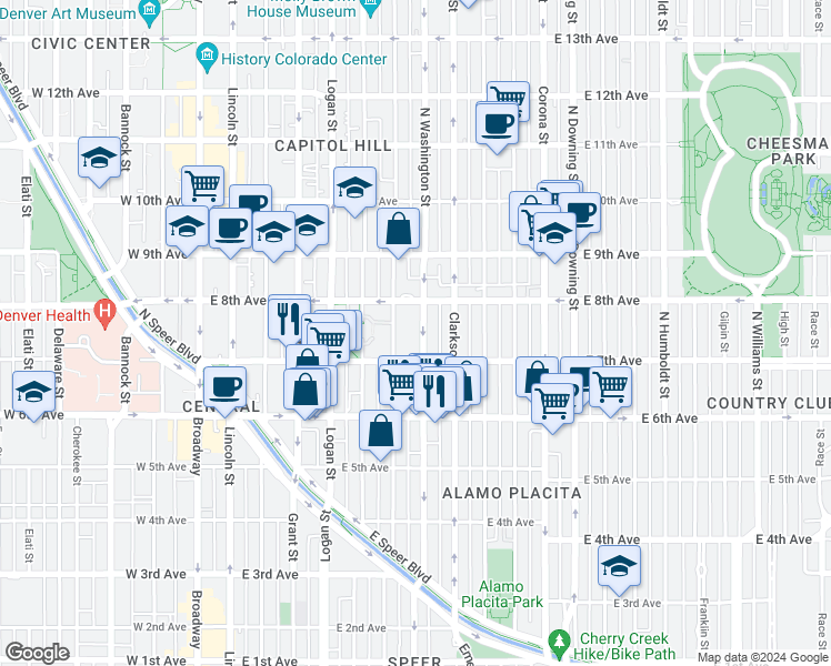 map of restaurants, bars, coffee shops, grocery stores, and more near 707 North Washington Street in Denver