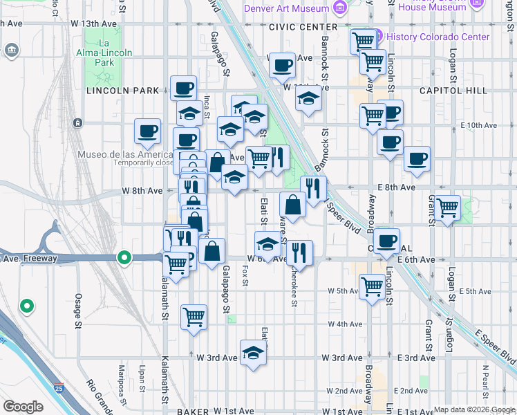 map of restaurants, bars, coffee shops, grocery stores, and more near 708 Elati Street in Denver