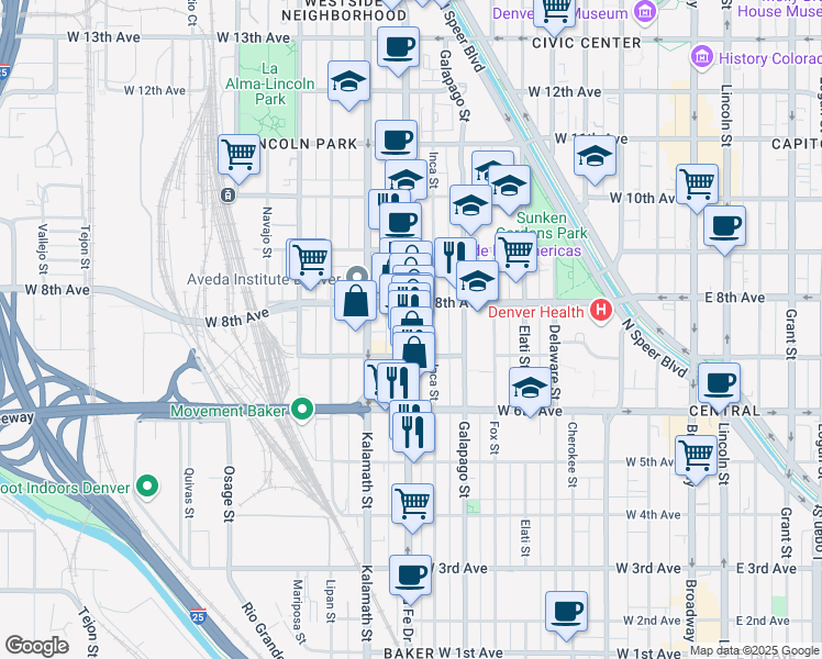 map of restaurants, bars, coffee shops, grocery stores, and more near in Denver