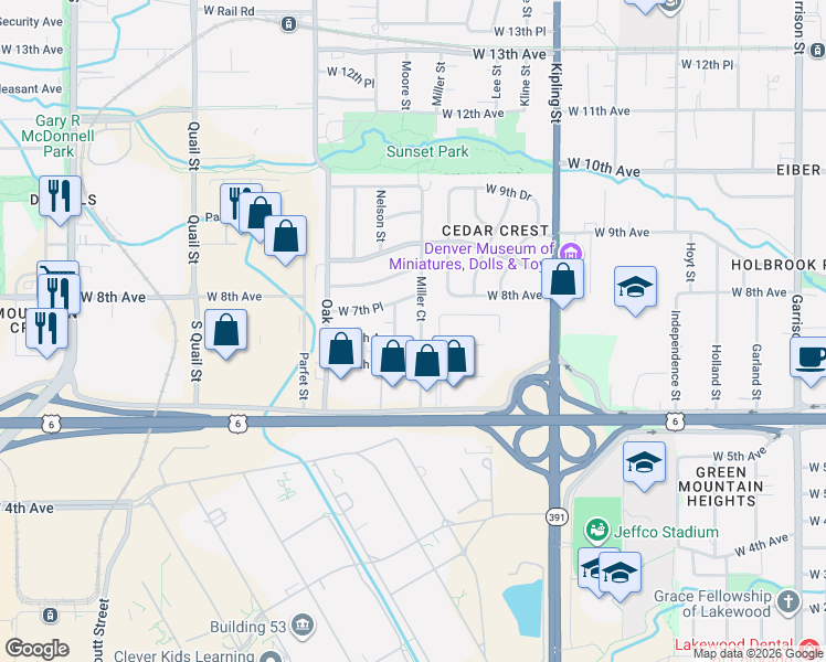 map of restaurants, bars, coffee shops, grocery stores, and more near 674 Moore Street in Lakewood