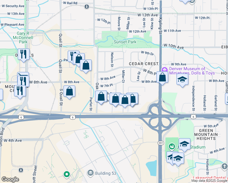 map of restaurants, bars, coffee shops, grocery stores, and more near 674 Moore Street in Lakewood
