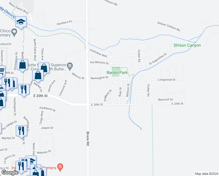 map of restaurants, bars, coffee shops, grocery stores, and more near 1710 Lawler Street in Chico