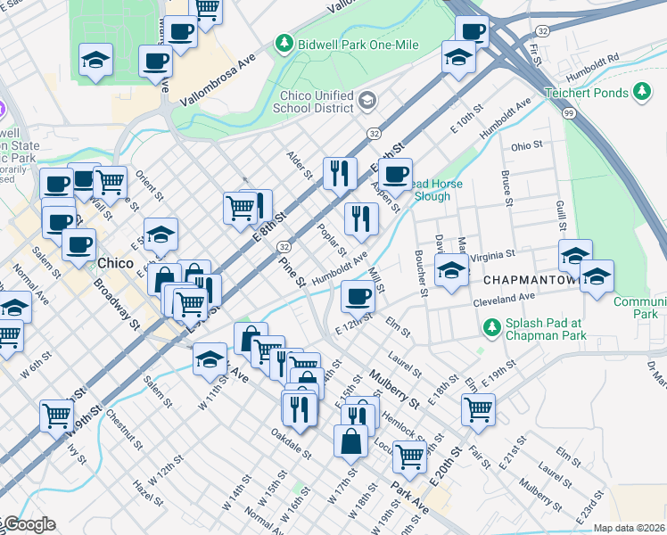 map of restaurants, bars, coffee shops, grocery stores, and more near 769 Humboldt Avenue in Chico