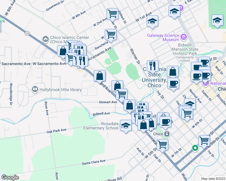 map of restaurants, bars, coffee shops, grocery stores, and more near 437 Nord Avenue in Chico