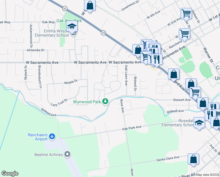 map of restaurants, bars, coffee shops, grocery stores, and more near 50 Fairgate Lane in Chico