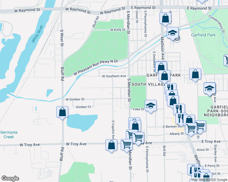 map of restaurants, bars, coffee shops, grocery stores, and more near 114 West Gimber Street in Indianapolis