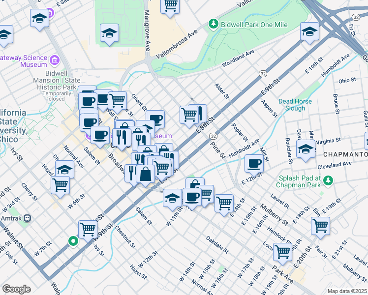 map of restaurants, bars, coffee shops, grocery stores, and more near 459 East 8th Street in Chico