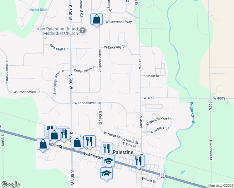 map of restaurants, bars, coffee shops, grocery stores, and more near 4638 West Stonehaven Lane in New Palestine