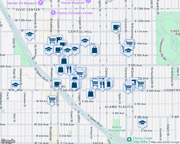 map of restaurants, bars, coffee shops, grocery stores, and more near 770 Pennsylvania Street in Denver