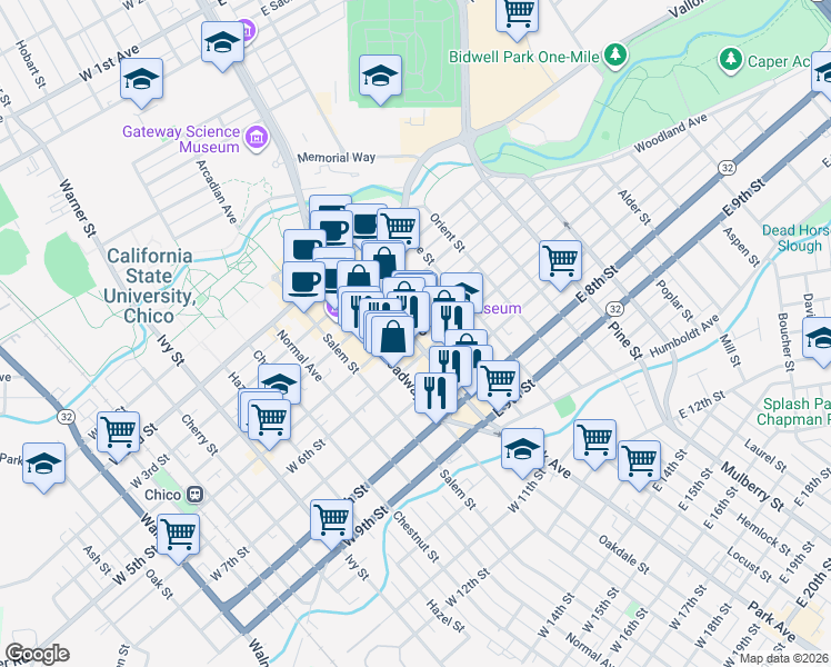 map of restaurants, bars, coffee shops, grocery stores, and more near 121 East 5th Street in Chico