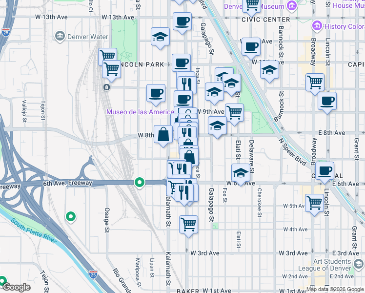 map of restaurants, bars, coffee shops, grocery stores, and more near in Denver