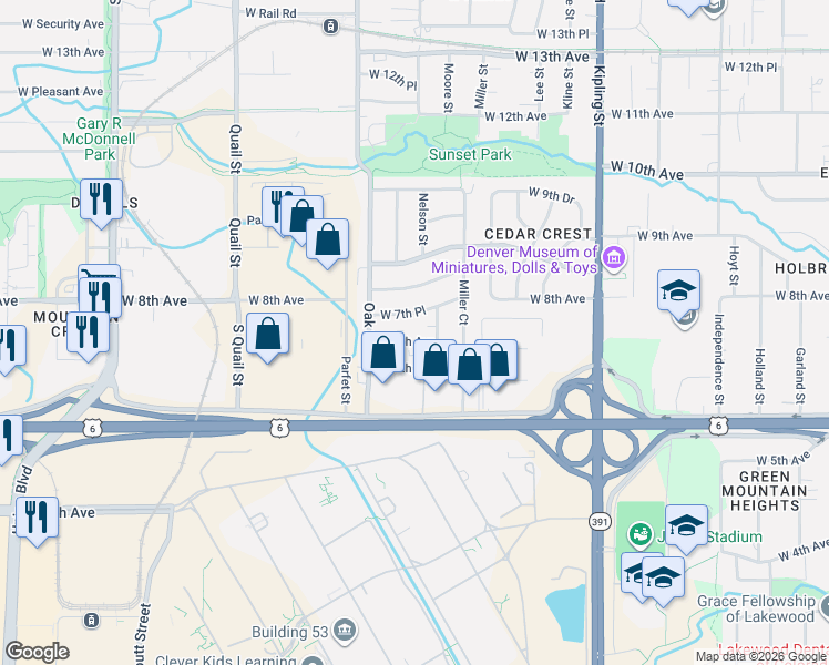 map of restaurants, bars, coffee shops, grocery stores, and more near 10635 West 7th Avenue in Lakewood