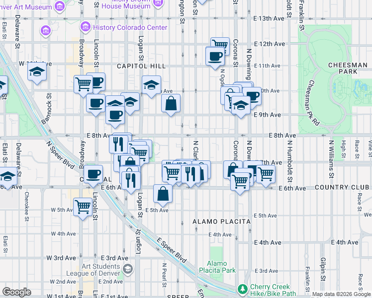 map of restaurants, bars, coffee shops, grocery stores, and more near 740 North Washington Street in Denver