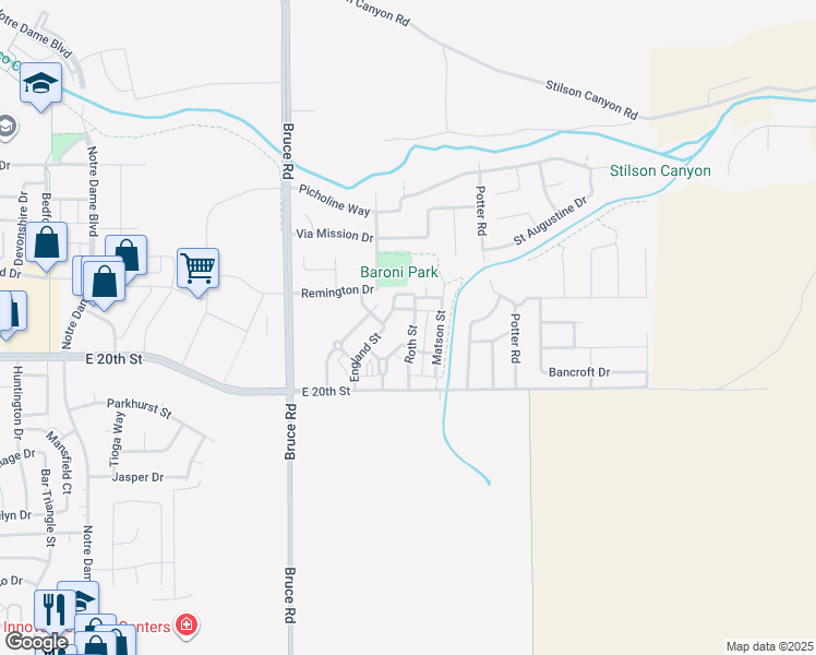 map of restaurants, bars, coffee shops, grocery stores, and more near 1814 Roth Street in Chico