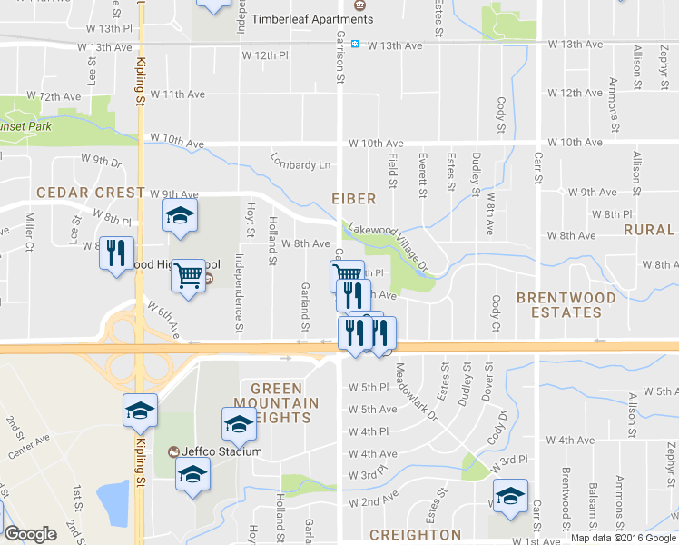 map of restaurants, bars, coffee shops, grocery stores, and more near Garrison St & W 7th Pl in Lakewood