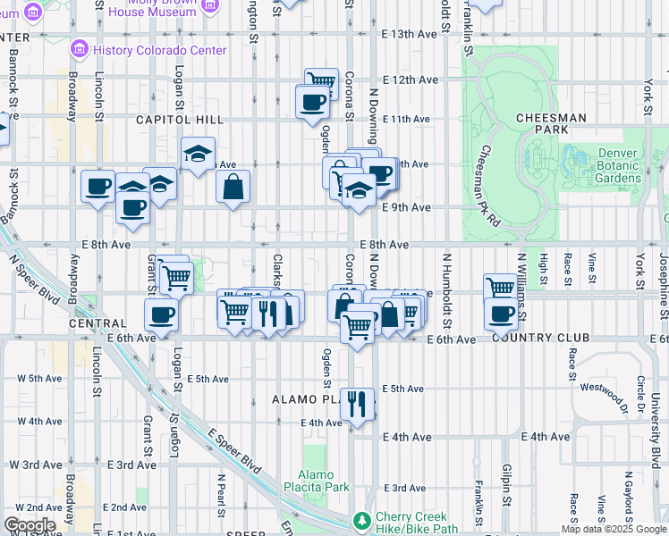 map of restaurants, bars, coffee shops, grocery stores, and more near 707 Corona Street in Denver