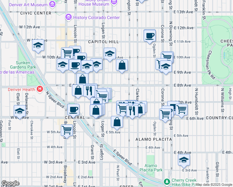 map of restaurants, bars, coffee shops, grocery stores, and more near 701 Pearl Street in Denver