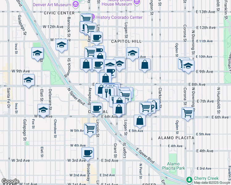 map of restaurants, bars, coffee shops, grocery stores, and more near 301 East 7th Avenue in Denver