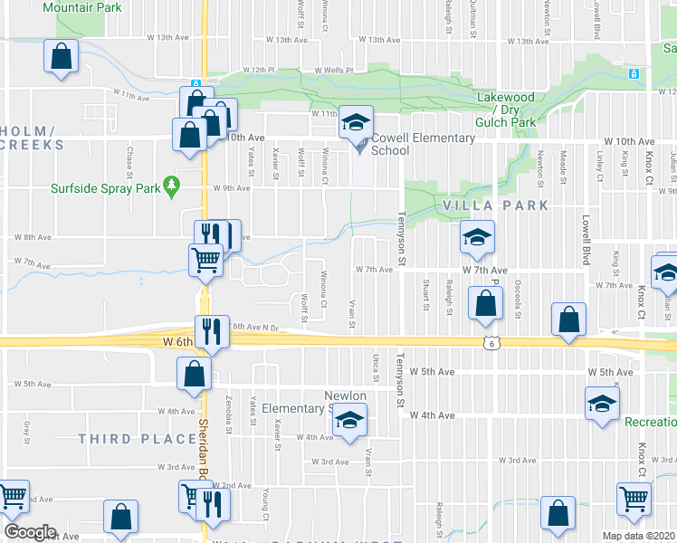 map of restaurants, bars, coffee shops, grocery stores, and more near 675 Vrain Street in Denver