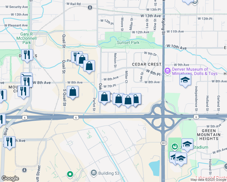 map of restaurants, bars, coffee shops, grocery stores, and more near 10657 West 6th Place in Lakewood