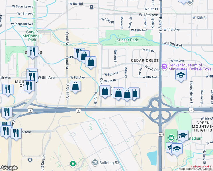 map of restaurants, bars, coffee shops, grocery stores, and more near 10747 West 6th Place in Lakewood