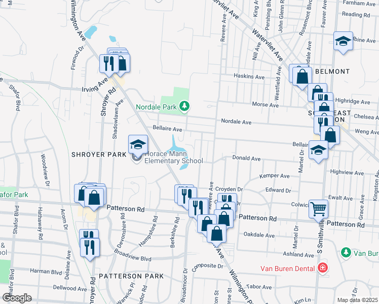 map of restaurants, bars, coffee shops, grocery stores, and more near 2855 Lake Shore Place in Dayton