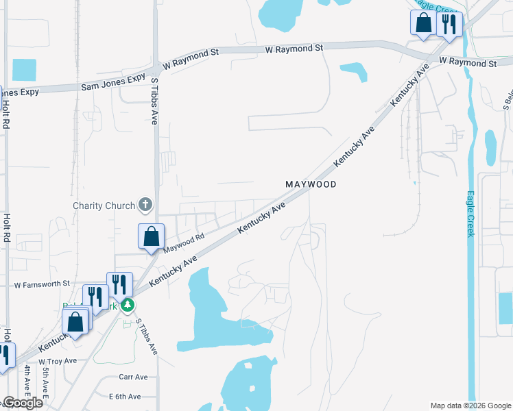 map of restaurants, bars, coffee shops, grocery stores, and more near 2675 Kentucky Avenue in Indianapolis