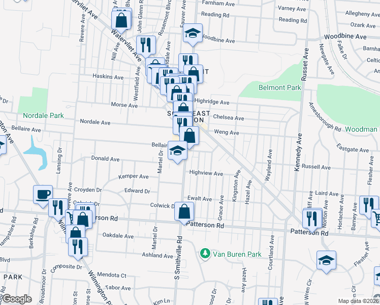 map of restaurants, bars, coffee shops, grocery stores, and more near 2730 South Smithville Road in Dayton