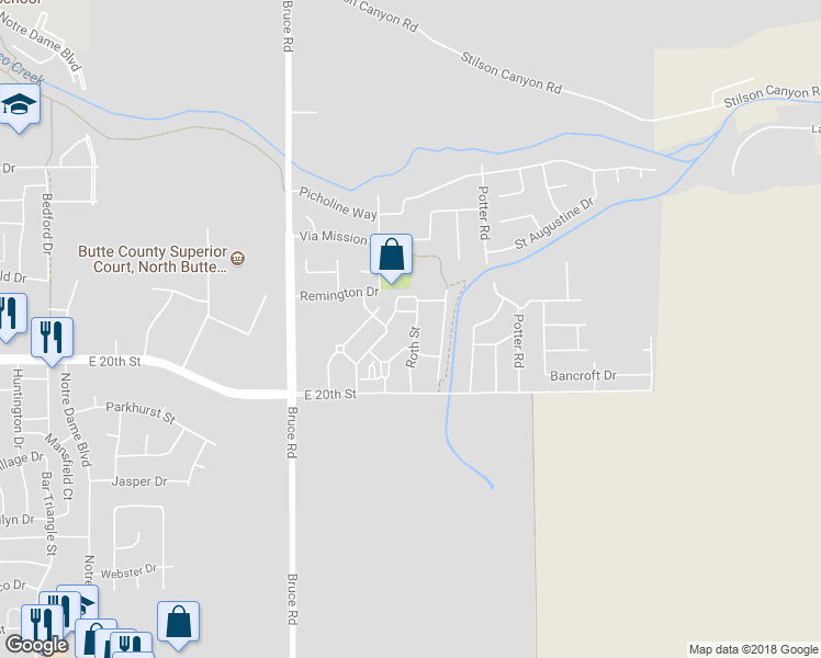 map of restaurants, bars, coffee shops, grocery stores, and more near 1814 Roth Street in Chico