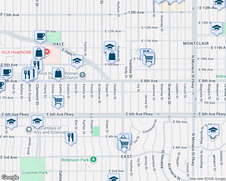 map of restaurants, bars, coffee shops, grocery stores, and more near 740 Hudson Street in Denver