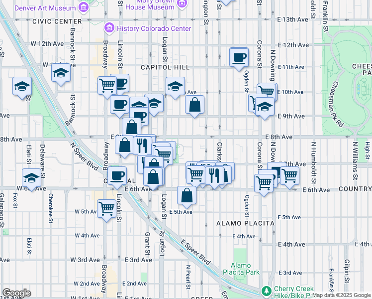 map of restaurants, bars, coffee shops, grocery stores, and more near 770 Pennsylvania Street in Denver