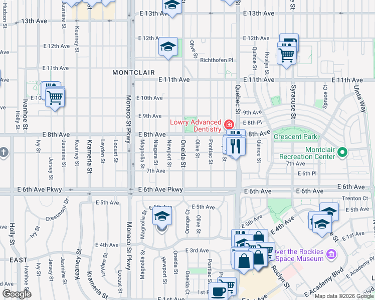 map of restaurants, bars, coffee shops, grocery stores, and more near 760 Oneida Street in Denver