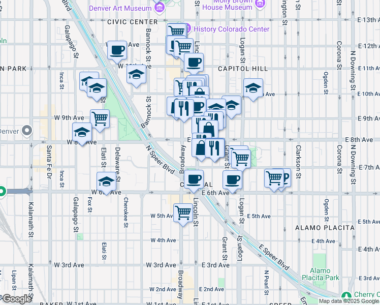 map of restaurants, bars, coffee shops, grocery stores, and more near 700 Broadway in Denver