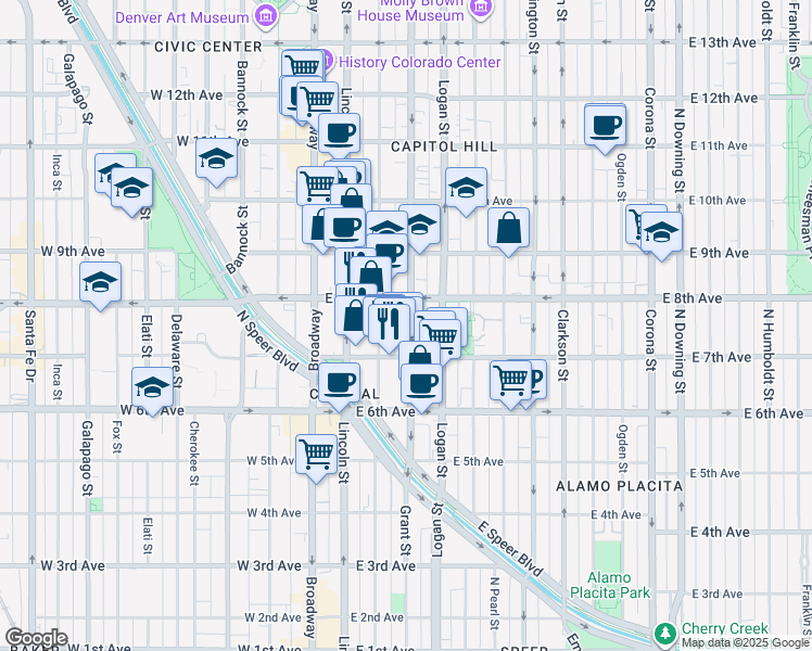 map of restaurants, bars, coffee shops, grocery stores, and more near in Denver